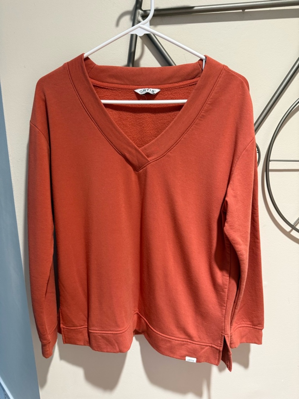 Orvis V-Neck Pullover Sweatshirt in Rust Cozy Athleisure Workwear